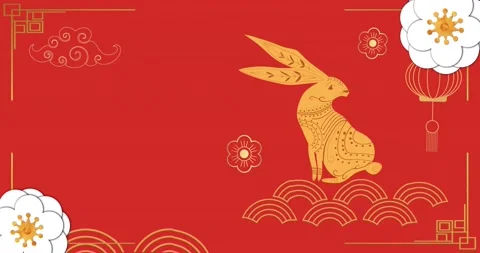 Animation of chinese pattern and rabbit year decoration on red background Stock Footage 221281468