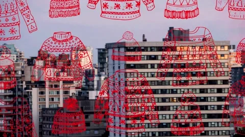 Animation of christmas jumper pattern over cityscape in background Stock Footage 159725440
