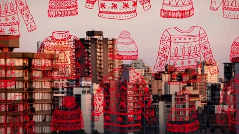 Animation of christmas jumper pattern over cityscape in background Stock Footage 159725511