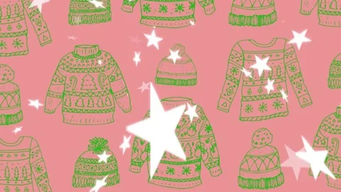 Animation of christmas jumper pattern over falling stars on pink background Stock Footage 162049835