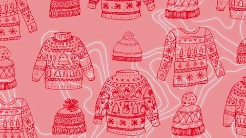 Animation of christmas jumper pattern over moving lines on pink background Stock Footage 162049879