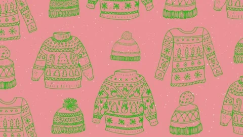 Animation of christmas jumper pattern over falling snow on pink background Stock Footage 162049946