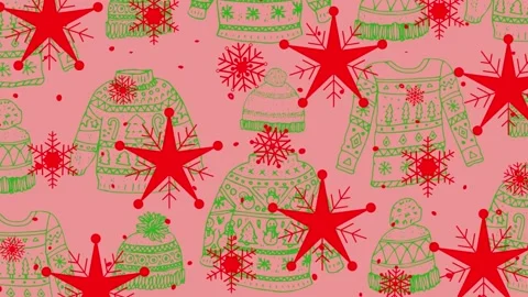 Animation of christmas jumper pattern over falling stars on pink background Stock Footage 162050165