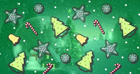 Animation of christmas pattern, tree and snowman in snow globe and snow falling Stock Footage 329166717