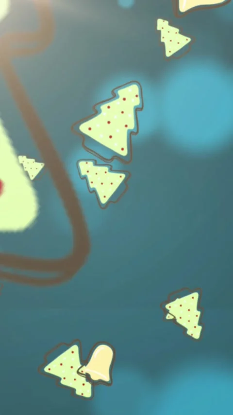 Animation of christmas tree and bell icons over spots of light on blue Video stock 344803451