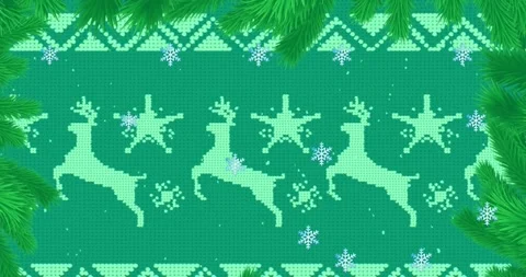 Animation of christmas tree branches and reindeer pattern on green background Stock Footage 329710624