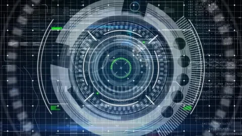 Animation of circle abstract pattern over radar, globe, graphs, programming Stock Footage 328004991