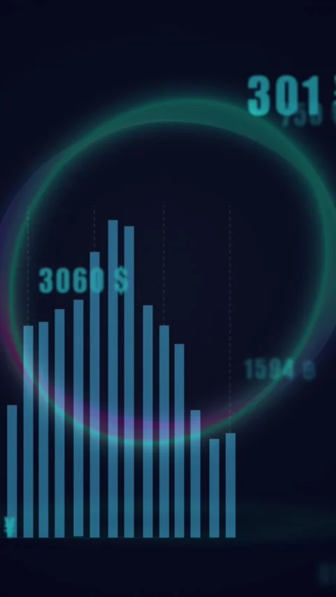 Animation of circle, graph, increasing numbers with multiple currency symbols on 스톡 동영상 321923505