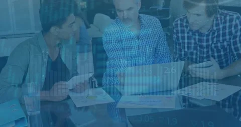 Animation of circle, graphs, trading board, diverse coworkers discussing reports Stock Footage 330052472