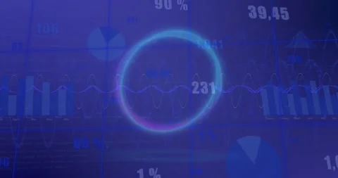 Animation of circle over multiple graphs and changing numbers against abstract Stock Footage 329979677