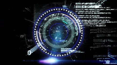 Animation of circle spinning over numbers and programming language on black Video stock 326306978