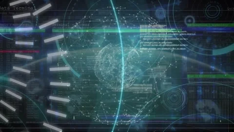 Animation of circles, 5g text, connected dots forming globes, computer language Stock Footage 328079956
