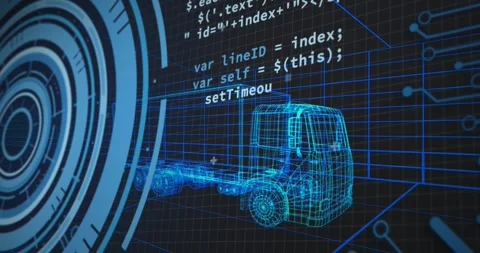 Animation of circles and computer language over 3d model of truck against black Stock Footage 246533493