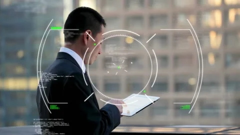 Animation of circles and computer language over asian businessman using digital Stock Footage 330475391