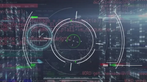 Animation of circles and digital clock over programming language over bars 스톡 동영상 329705598