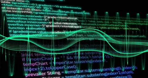 Animation of circles around digital spiral pattern over programming language on Video stock 330728482