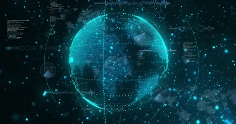 Animation of circles around globe and computer language with dots over black Video stock 330475780