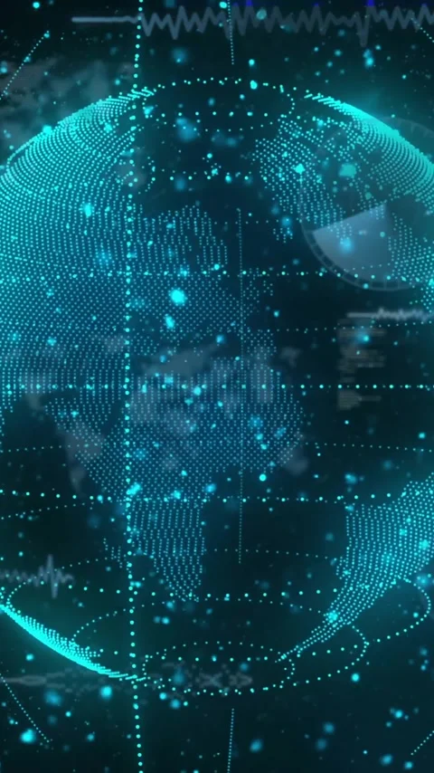 Animation of circles around globe and computer language with dots over black Stock Footage 343614706
