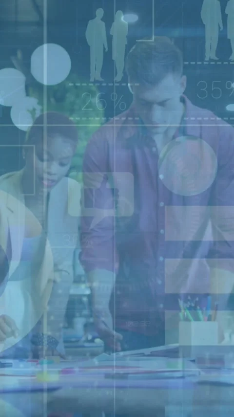 Animation of circles, bubble speech boxes, human representation over diverse Stock Footage 344243704