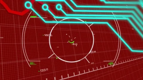 Animation of circles, circuit board pattern, graph, changing numbers against red Stock Footage 229213632