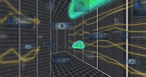 Animation of circles, clouds, lines moving, computer language, binary codes on Stock Footage 328358019