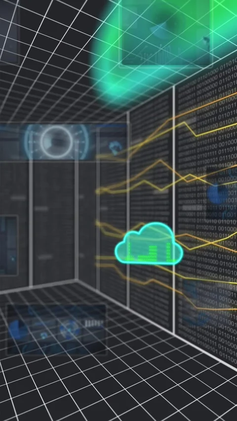 Animation of circles, clouds, lines moving, computer language, binary codes on Stock Footage 344765973