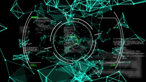Animation of circles, computer language and connected dots over black background Stock Footage 329414822