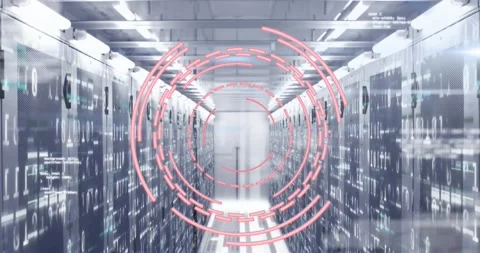 Animation of circles, computer language over binary codes on data server racks Stock Footage 329128315