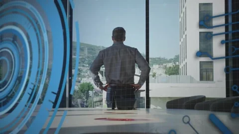 Animation of circles, computer language, rear view of businessman looking Stock Footage 330584174
