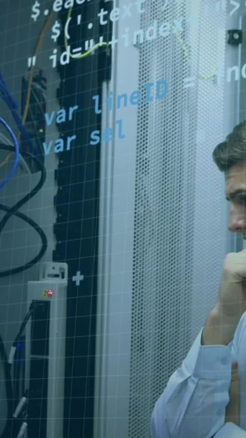 Animation of circles, computer language, thoughtful caucasian engineer looking Stock Footage 344614417