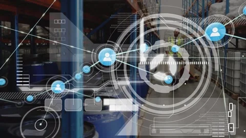 Animation of circles, database, connected icon, caucasian worker pulling pallet 스톡 동영상 329222963