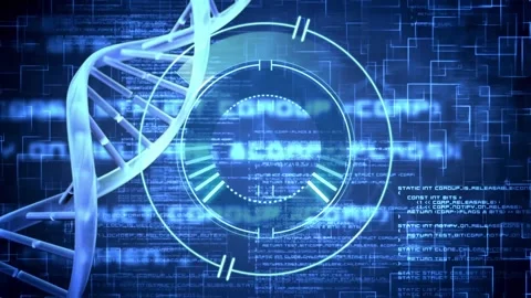 Animation of circles with dna helix over computer language against abstract Stock Footage 328974626
