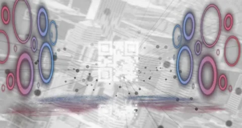 Animation of circles, floating dots and qr code over cityscape in background Stock Footage 326034091