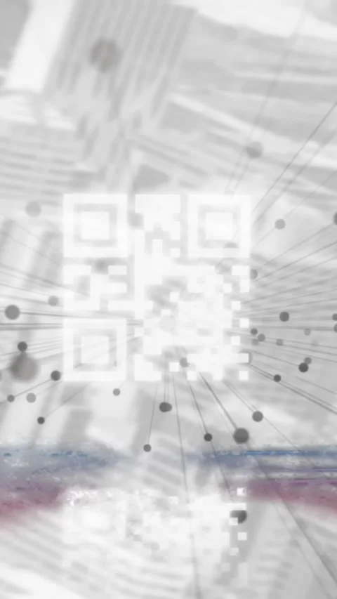Animation of circles, floating dots and qr code over cityscape in background Vídeos de archivo 344803005