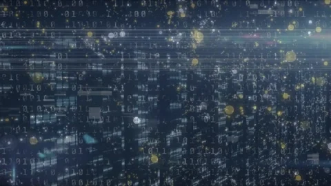 Animation of circles flying over binary codes and bar graphs moving in loop Stock Footage 327002796