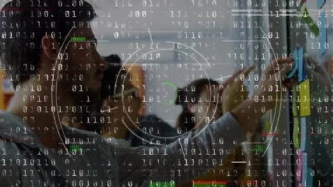 Animation of circles, glitch technique, binary codes over caucasian man writing Stock Footage 230188045