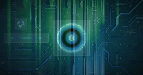 Animation of circles, globe and circuit board pattern against server room 库存影片 327003255