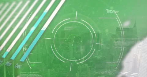 Animation of circles, globe, computer language, bars, and graphs over city in Stock Footage 328714918