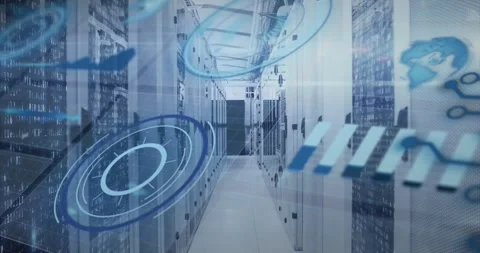 Animation of circles, globe, graphs over binary codes on data server racks in Stock Footage 250592034