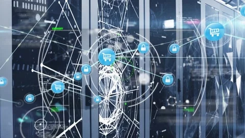 Animation of circles, globe lens flare and connected icons against server room Video stock 330407322