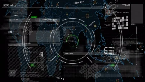 Animation of circles on map, hexagon patterns and programming language against Stock Footage 327356202
