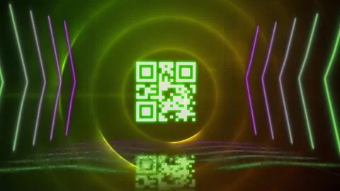 Animation of circles, neon lines and qr code on yellow and green background Stock Footage 325960968