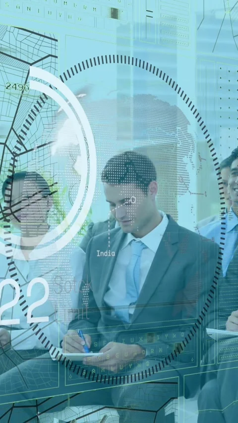 Animation of circles, numbers, globe, navigation pattern over diverse business Stock Footage 319222265