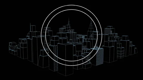 Animation of circles over 3d cityscape spinning on black background Stock Footage 313575054
