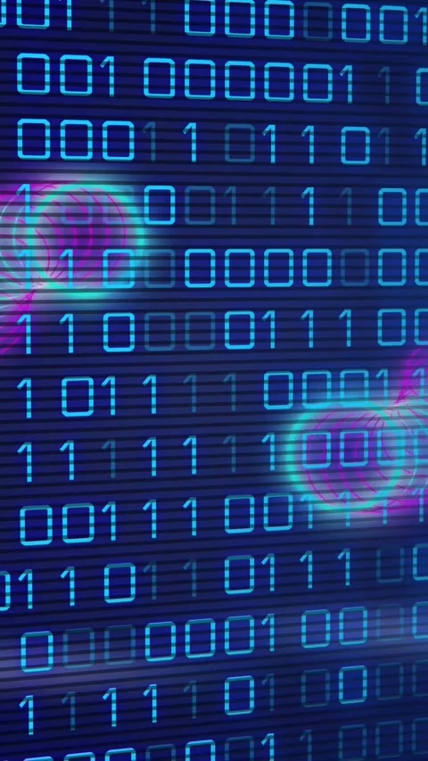Animation of circles over binary code on navy background Video stock 342642393