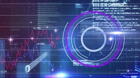 Animation of circles over binary codes and computer language against multiple Stock Footage 246034497
