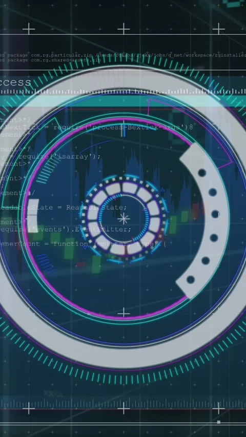 Animation of circles over computer language and old computer interface against Stock Footage 321580504