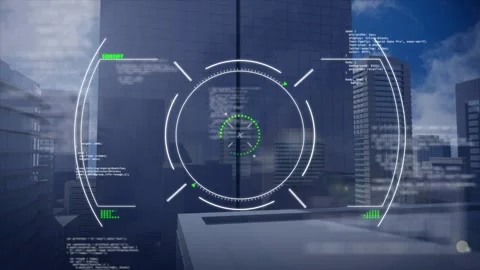 Animation of circles over computer language on buildings against clear sky Stock Footage 325703314