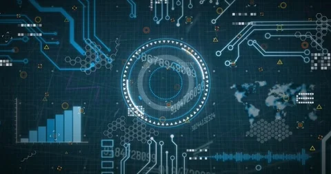 Animation of circles over graph, map and circuit board pattern against abstract Stock Footage 244866252