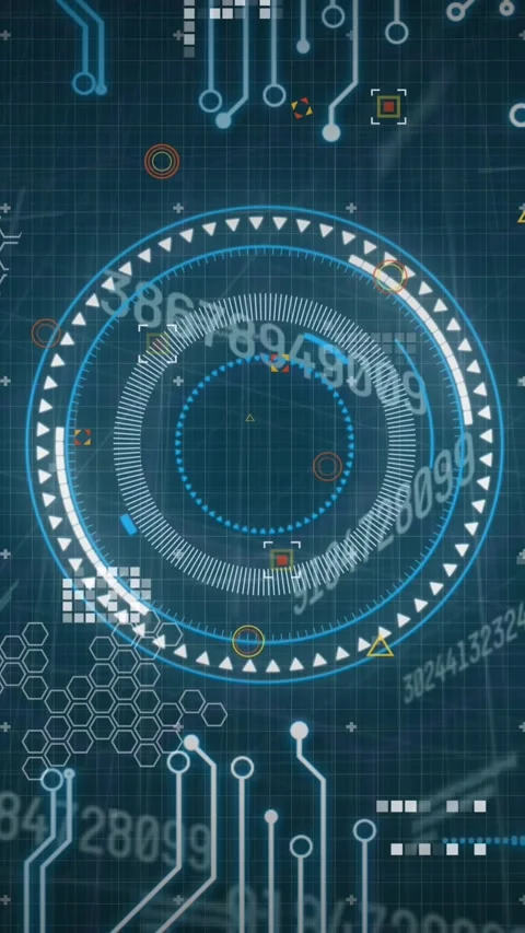 Animation of circles over graph, map and circuit board pattern against abstract Stock Footage 341927359